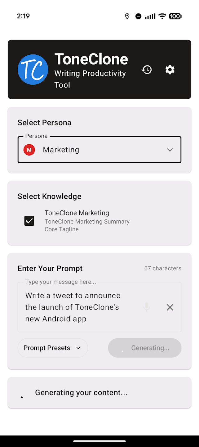 ToneClone Android app main interface showing content generation