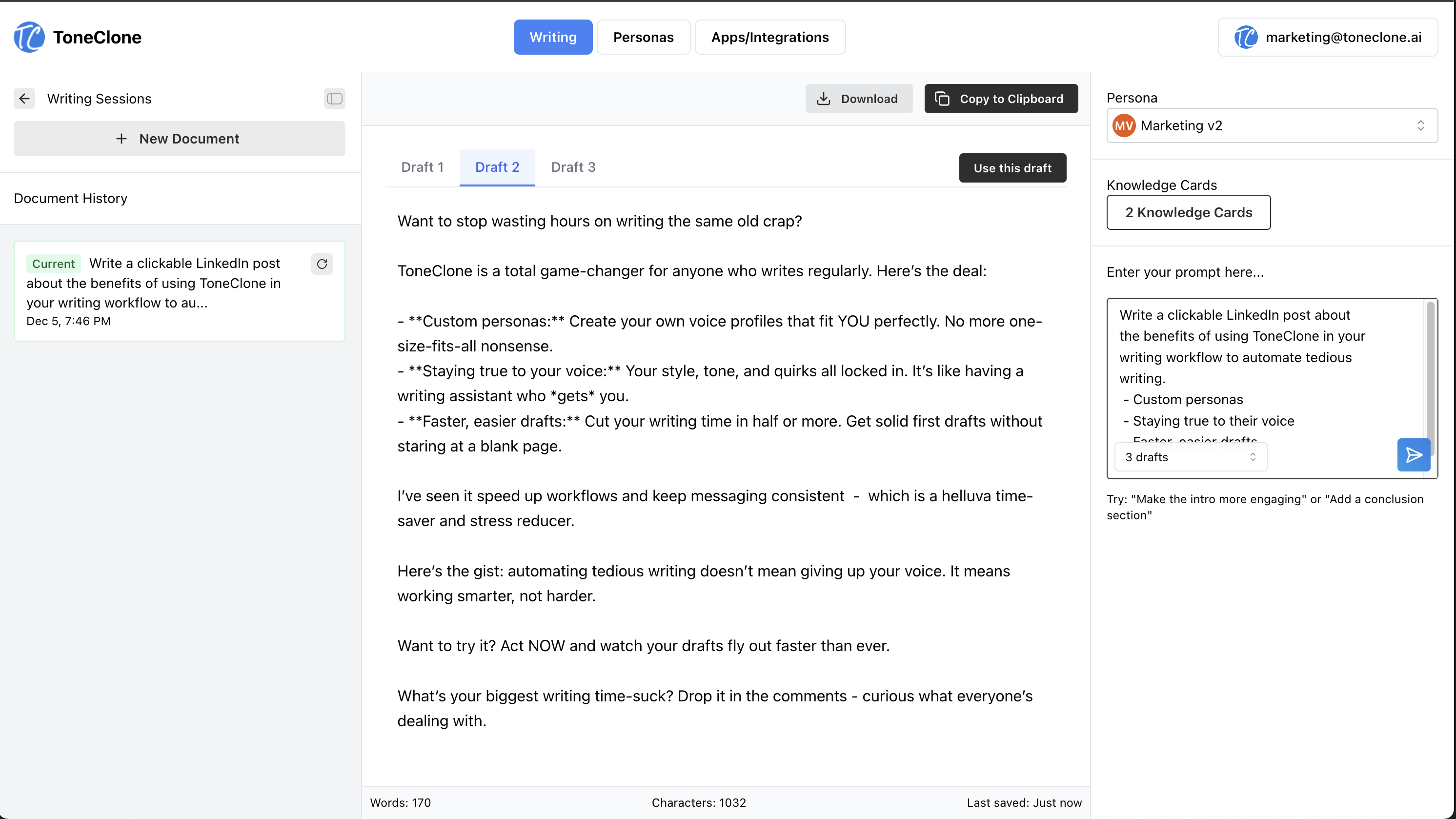 ToneClone web UI generating LinkedIn posts