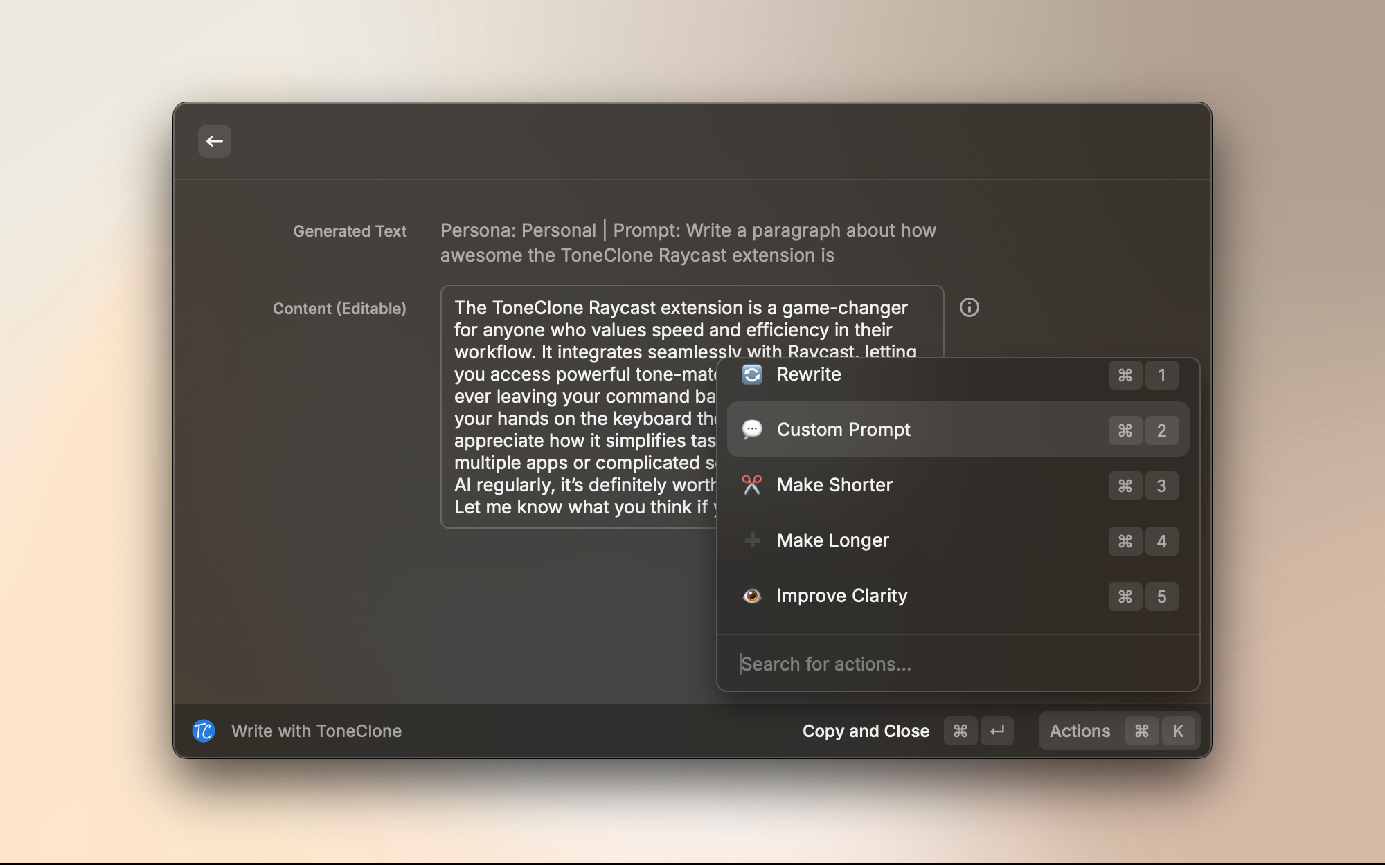 AI-written text with quick action menu